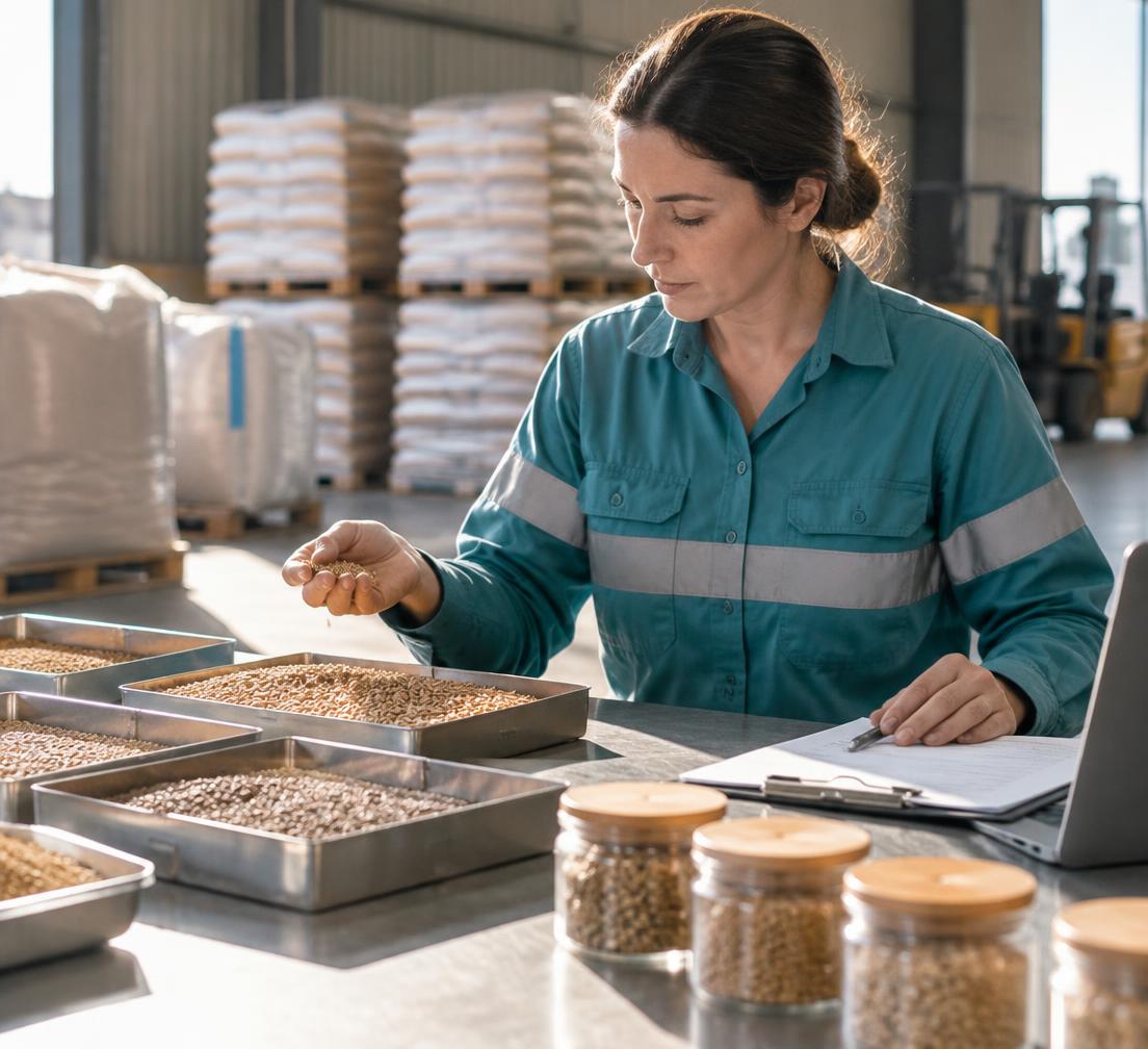 Quality specialist inspecting grain samples
